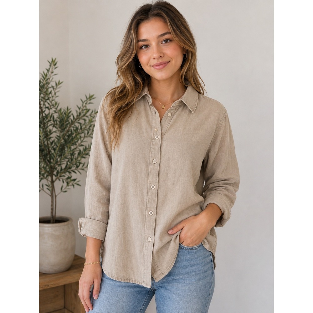 Quince Women Tan Beige 100% European Linen Long Sleeve Button Down Shirt Small